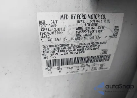 2011 Ford Explorer Xlt из США, поврежденный, VIN 1FMHK7D81BGA58839